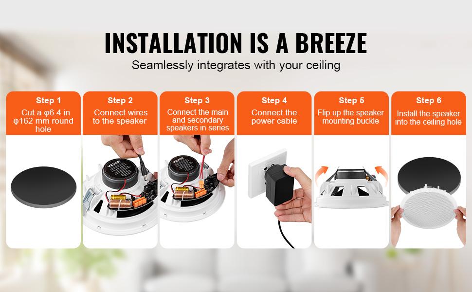 VEVOR 4 PCs 6.5'' Bluetooth in Ceiling Speakers, 150W, Flush Mount Ceiling in-Wall Speaker System with 8Impedance 89dB Sensitivity, for Home Kitchen Living Room Bedroom or Covered Outdoor Porches