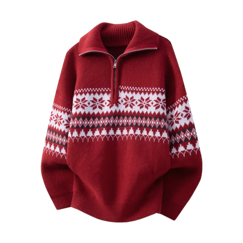 Men Fall Winter Nordic Fair Isle Jacquard Half Zip Knit Sweater, Vintage Geometric Floral Pattern, Turn‑Down Collar Long Sleeve Casual Knit Pullover For Daily Holiday Outfits # sohochic