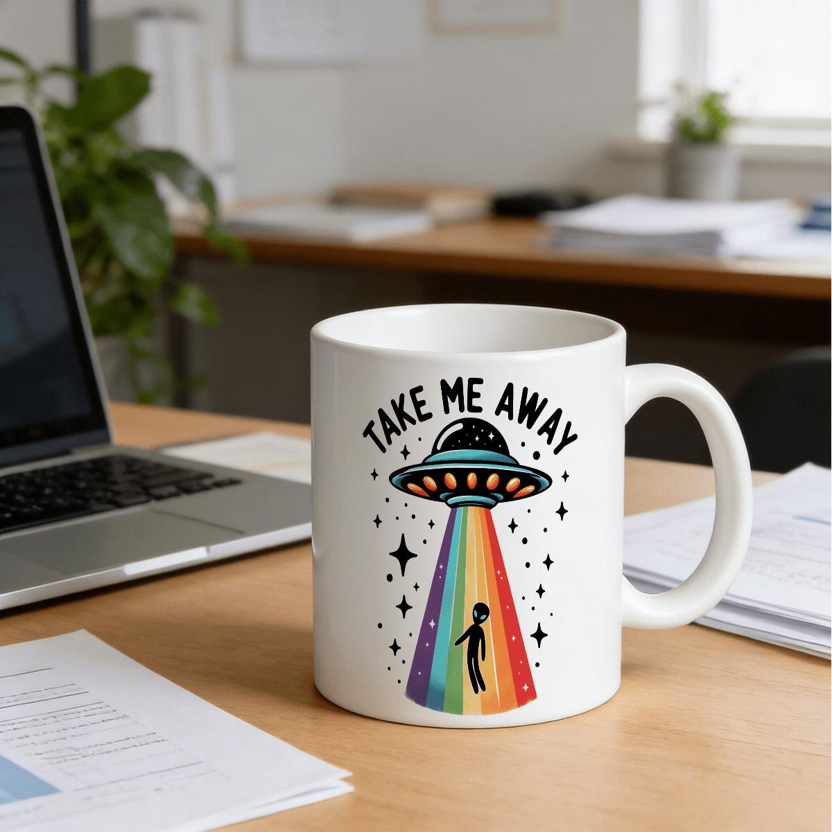 11oz Ceramic Alien Theme Single Mug - Modern Take Me Away Spaceship Design, Rainbow Accent, Smooth Finish Kitchenware Drinkware, Unisex Birthday Gift Drink