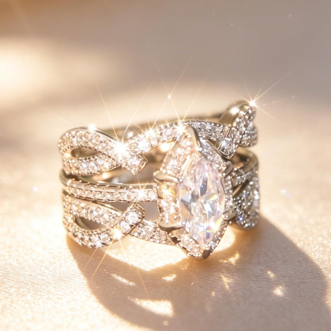 2pcs Stackable Marquise Cubic Zirconia Ring Set - Vintage Infinity Design with Pave Accents, Ideal for Bridal & Formal Occasions