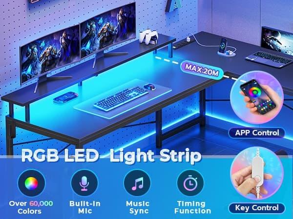 Sikaic 51 Inches Reversible LED Lights L Shaped Gaming Desk With Power Outlets & Fabric File Drawer Monitor Stand And Hooks Computer Modern