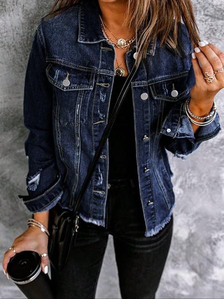 Women's Fall Winter Washed Denim Jacket Coat, Vintage Ripped Long Sleeve Jacket, Casual Autumn Winter Outerwear