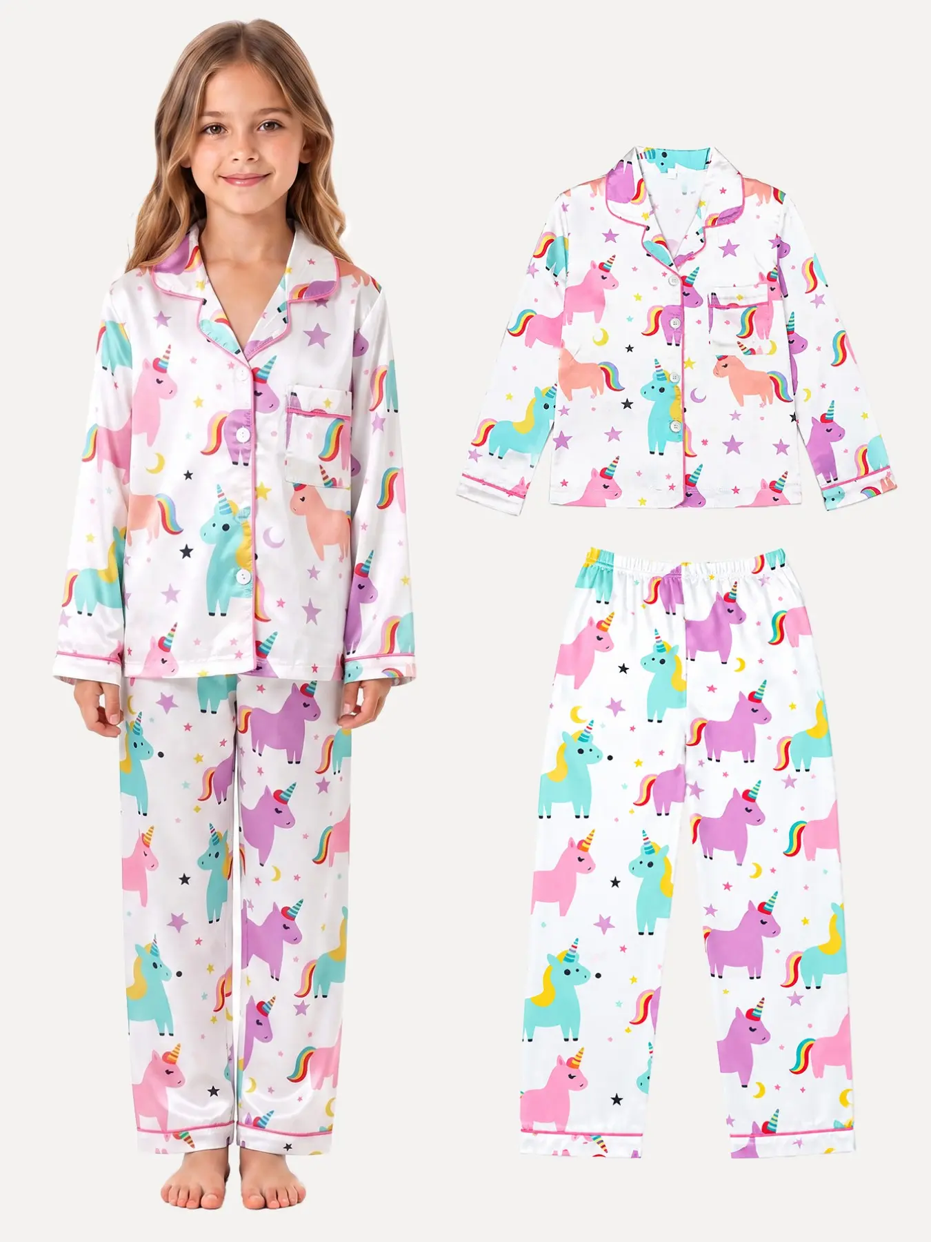 Girls' Pajama Set, Cute Long Sleeve Unicorn Print Top & Loose Fit Pants, Soft Sleepwear for Fall Winter, Indoor Daily Wear
