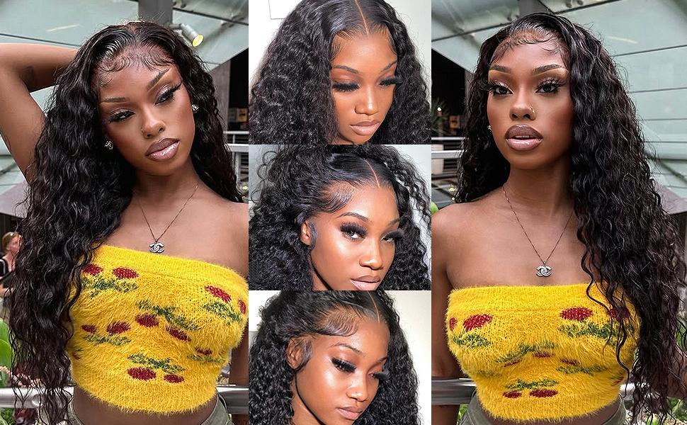 【Clearance sale】Lemoda 200% Density Water Wave 13x6 HD Transparent Lace Front Wigs Human Hair Pre Plucked Deep Curly Frontal Wigs Wet and Wavy Human Hair Wig for Women Water Wave Lace Wig Natural Color