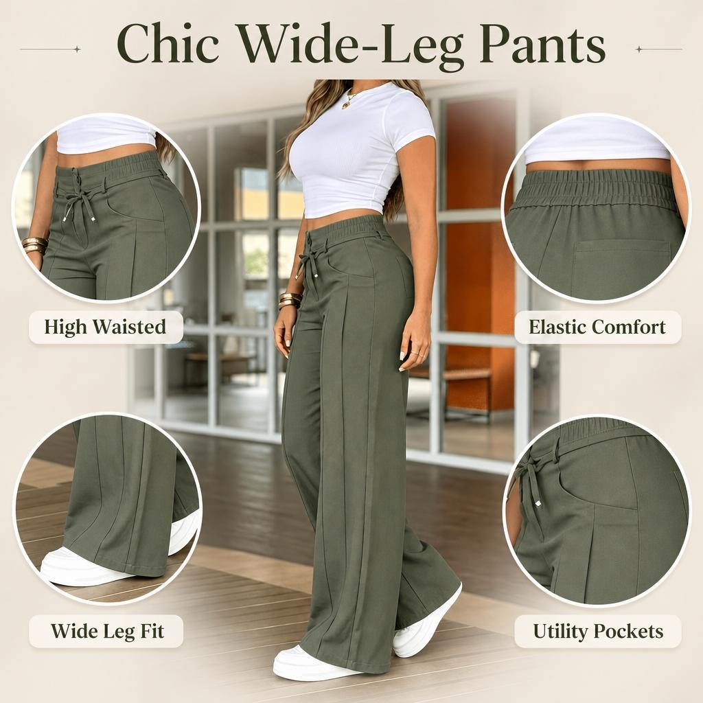 Women's Wide Leg Pants, High Waist Elastic Waist, Straight-Leg Trousers, All Seasons, Loose-Fitting, Office and Date Wear, Loose Legged Pants