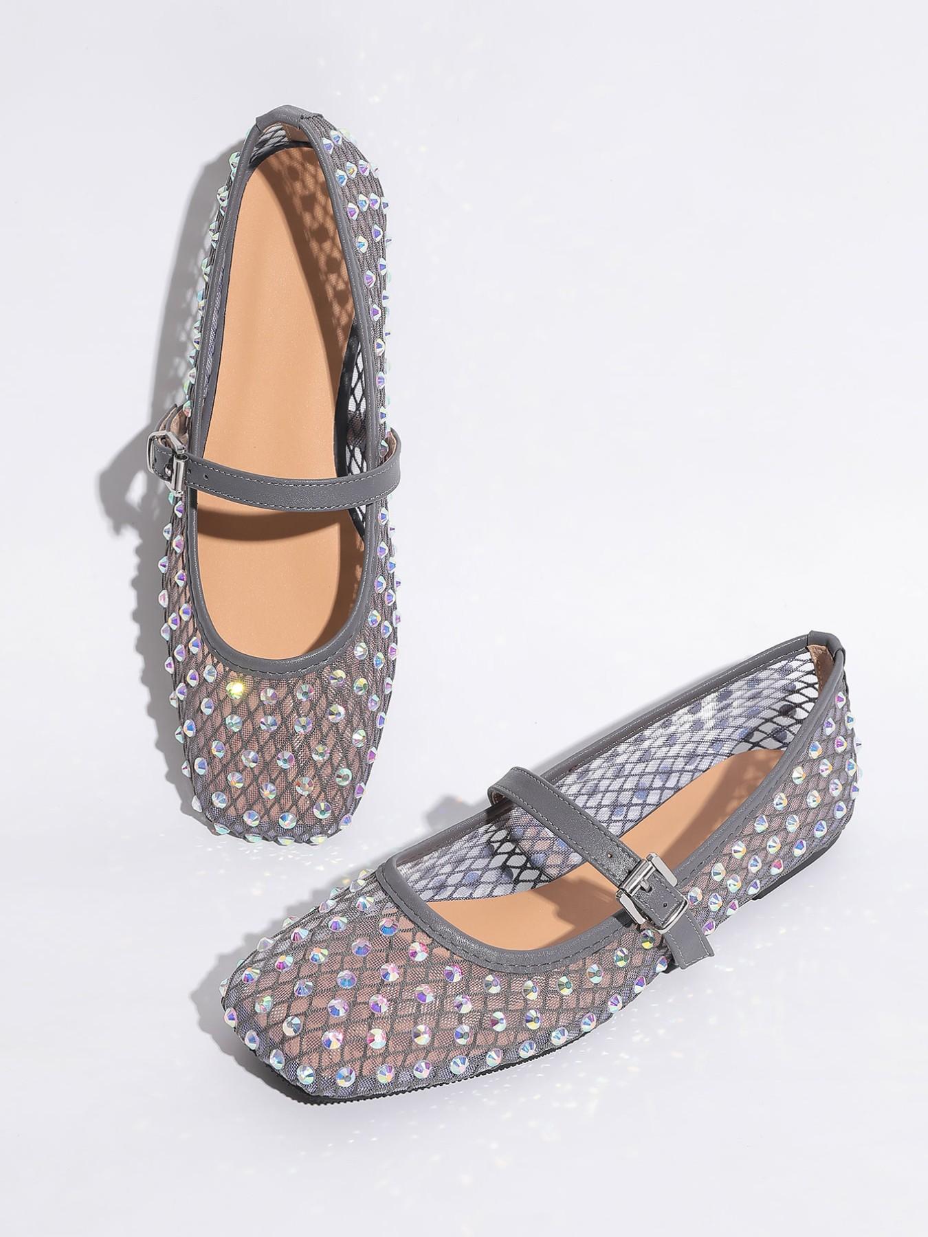 French Rhinestone Hollow Out Classic Mary Jane Shoes for Women, Chic Shoes, Elegant Fairy Style, Classy, Breathable Mesh, Square Toe, Medium Width, Plain Pattern