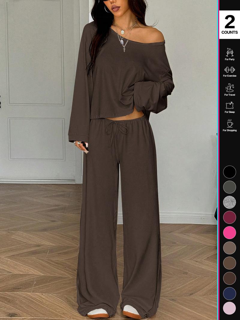 2026Women's Two-Piece Set, Long Sleeve Casual, Breathable Elastic Waist Pants, All-Season Basic Sleepwear, Comfortable Loungewear