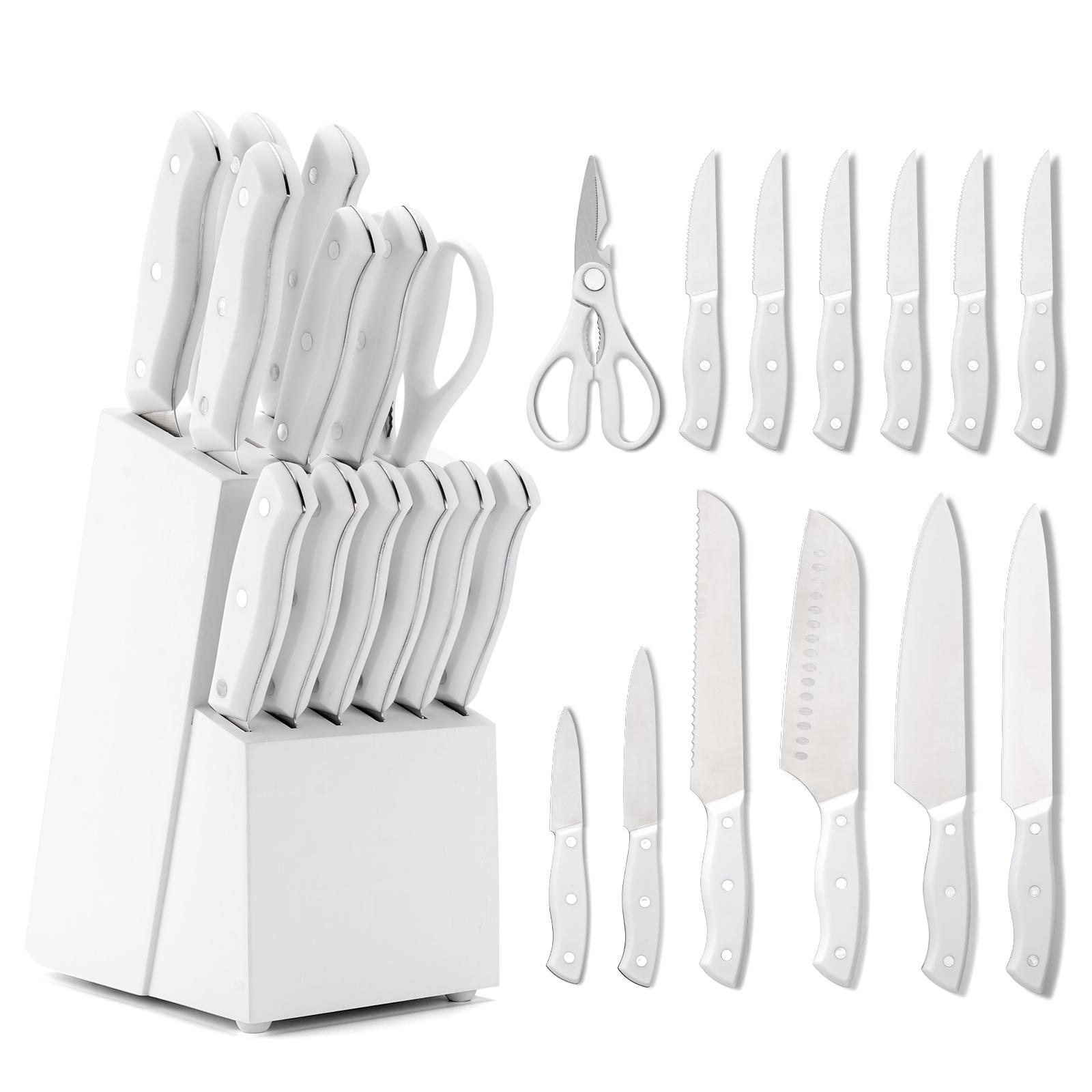 15 Pieces, Kitchen Knife Set, Solid Wooden Knife Holder, Plastic Knife Holder, Chef's Knife, Japanese Knife, Meat Knife, Bread Knife, Steak Knife, Fruit Knife, Scissors, Meat and Vegetable Cutter,  Gift Set Kitchenware Sturdy Stylish Stainless Steel