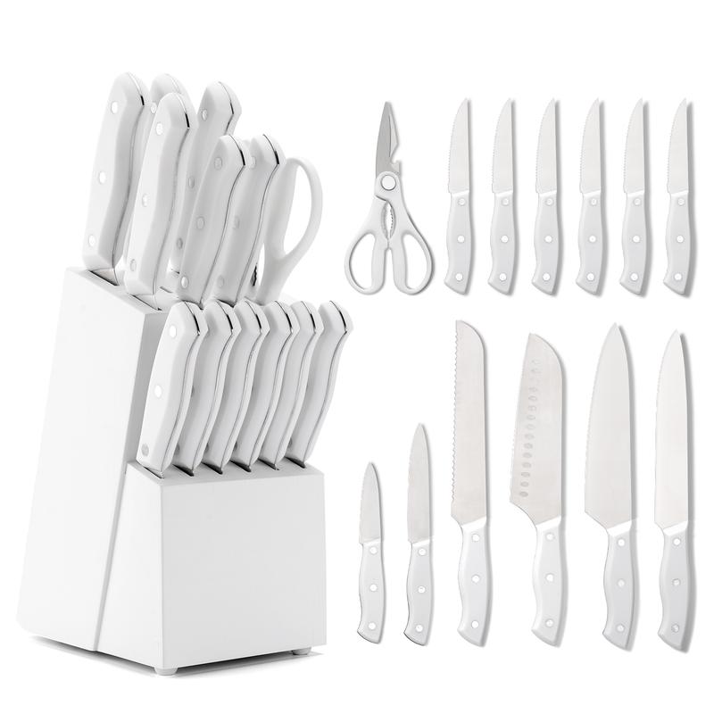 15 Pieces, Kitchen Knife Set, Solid Wooden Knife Holder, Plastic Knife Holder, Chef's Knife, Japanese Knife, Meat Knife, Bread Knife, Steak Knife, Fruit Knife, Scissors, Meat and Vegetable Cutter,  Gift Set Kitchenware Sturdy Stylish Stainless Steel