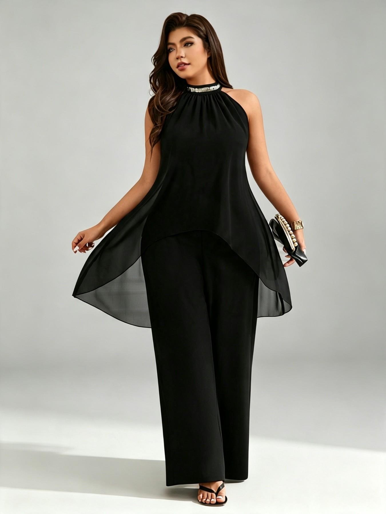 Luxury Party Style Aesthetic Plus Size Two-Piece Set, Ruched Halter Neck Sequin Top, Sleeveless Chiffon Blouse, Loose Fit Slimming Wide Leg Pants Set