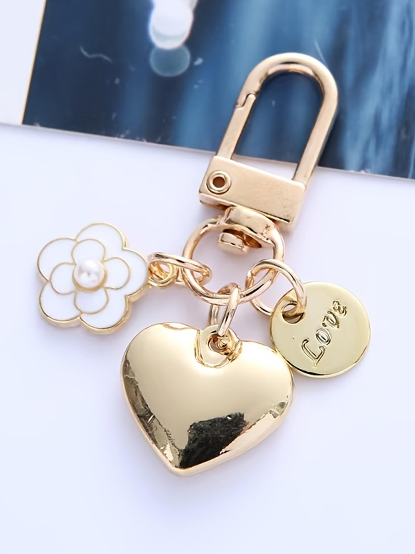 Fashion Heart Love Keychain Pendant, Imitation Pearl Camellia Letter Metal Accessory, Women's Bag Charm, All Seasons Cute Style