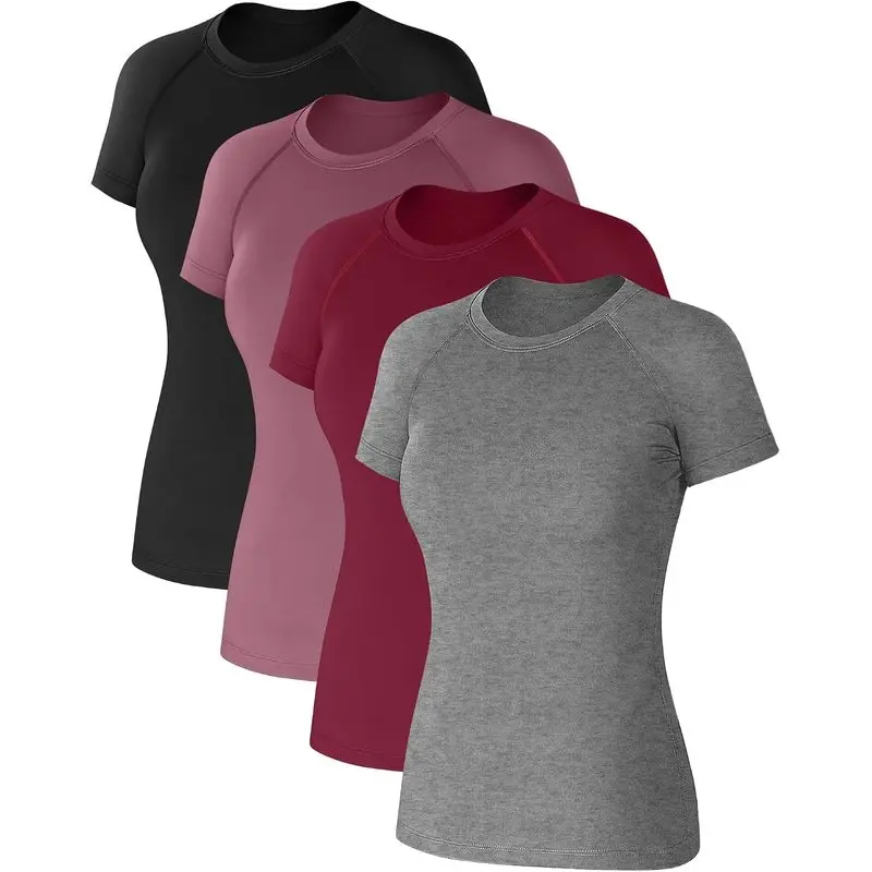 Women’s 4-Pack Short-Sleeve Compression Athletic Tees, Quick Dry Workout Shirts for Gym, Running, Summer Sports (Party Fitness Accessory), Athletic Tee