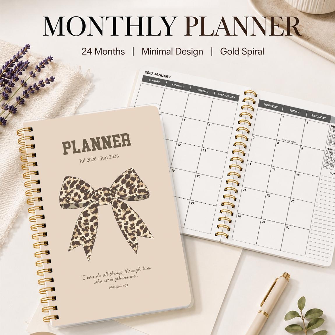 A5 Size Planner Notebook, Spiral Binding, Spiral Bound Planner, Leopard Print Bow Cover, Calendar & Memo Management, Ideal for Study Office Daily Planning