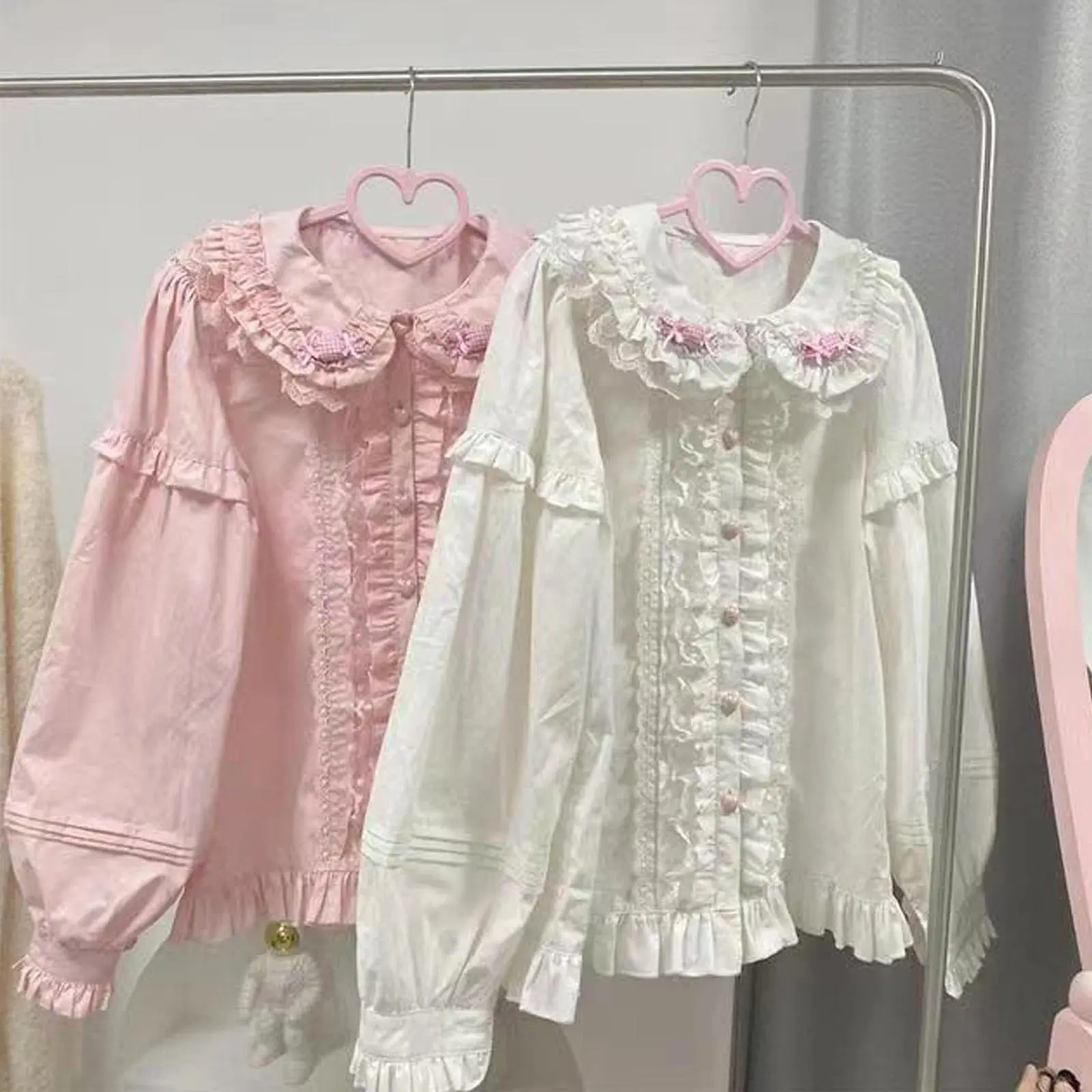 Spring Blouse Women Japanese Kawaii Cute Lace Patchwork Peter Pan Collar Shirt Vintage Sweet Embroidery Top Blusas
