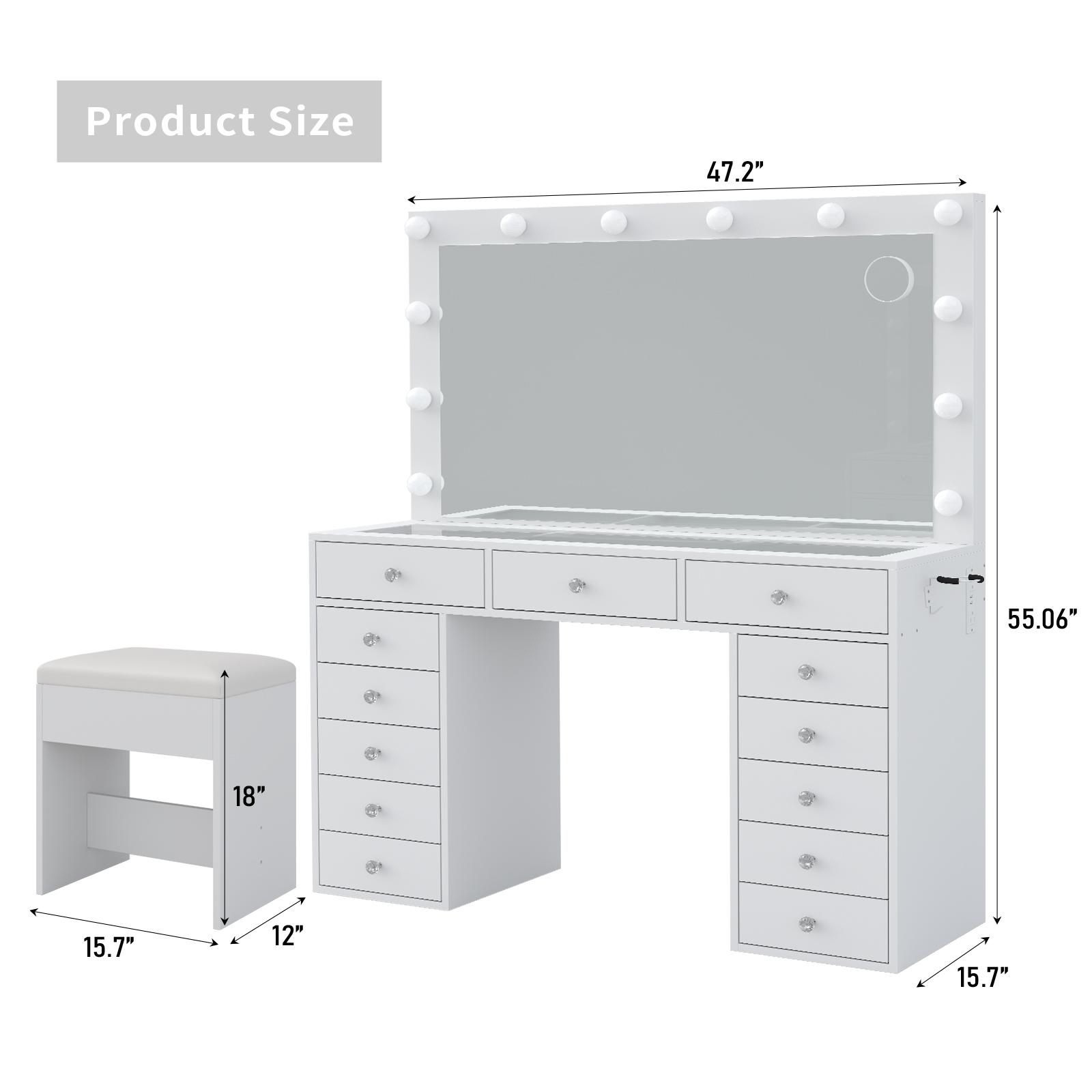 FUSOU 47''W 13 Drawers Vanity Desk, Makeup Vanity with Power Outlet, Vanity Table with Mirror and 12 LED Bulbs, 3 Color Lighting Modes, Glass Top, Dressing Table for Bedroom