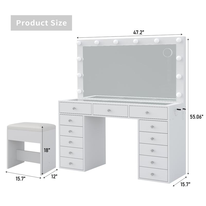 FUSOU 47''W 13 Drawers Vanity Desk, Makeup Vanity with Power Outlet, Vanity Table with Mirror and 12 LED Bulbs, 3 Color Lighting Modes, Glass Top, Dressing Table for Bedroom