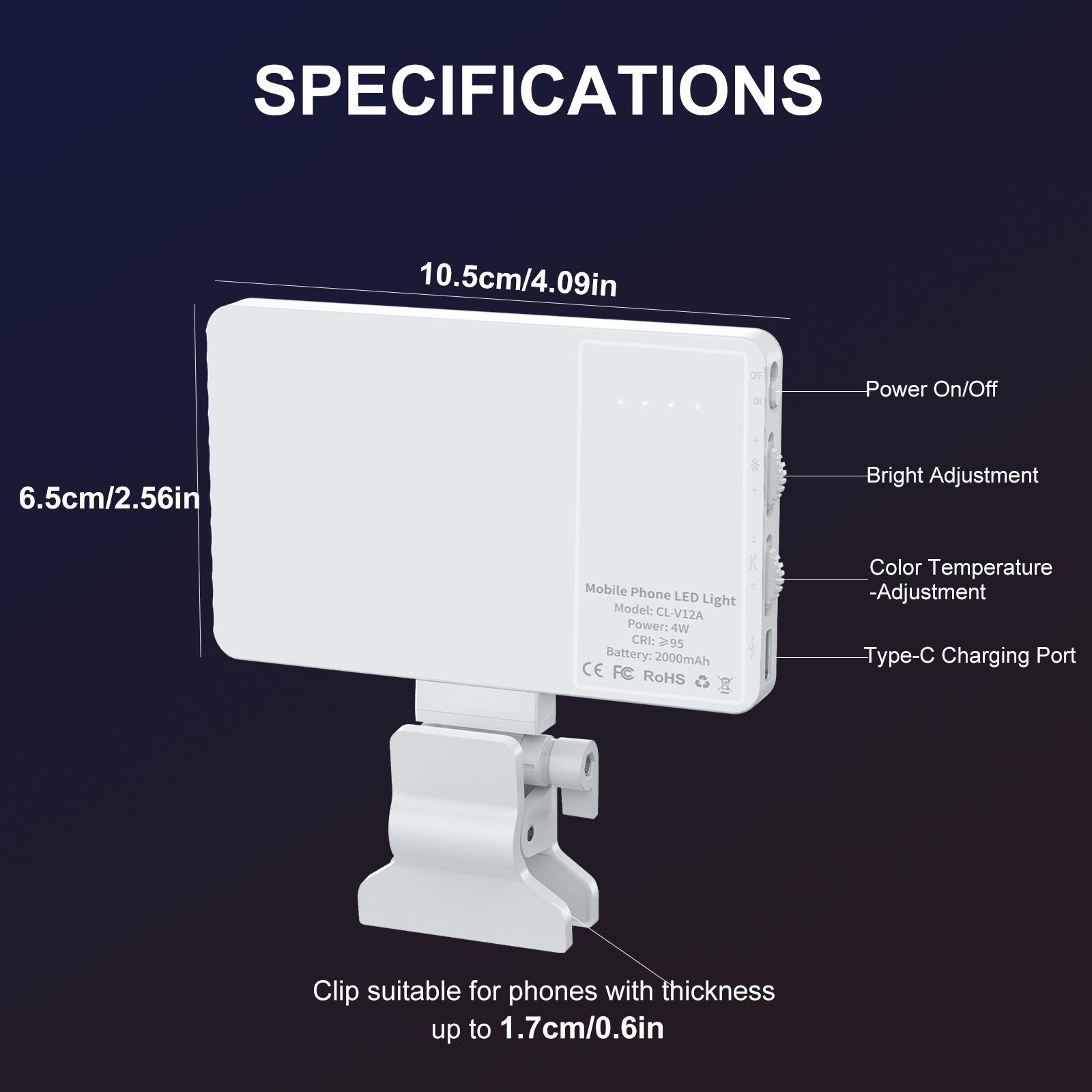 Selfie Light Clip, Adjustable Color Temperature and Brightness Fill Light, 2000mAh Rechargeable Phone Selfie Panel Light for Phone, Laptop, Makeup and Live Streaming Selfie Light Clip, Adjustable Color Temperature and Brightness Fill Light, 2000mAh Rechargeable Phone Selfie Panel Light for Phone, Laptop, Makeup and Live Streaming