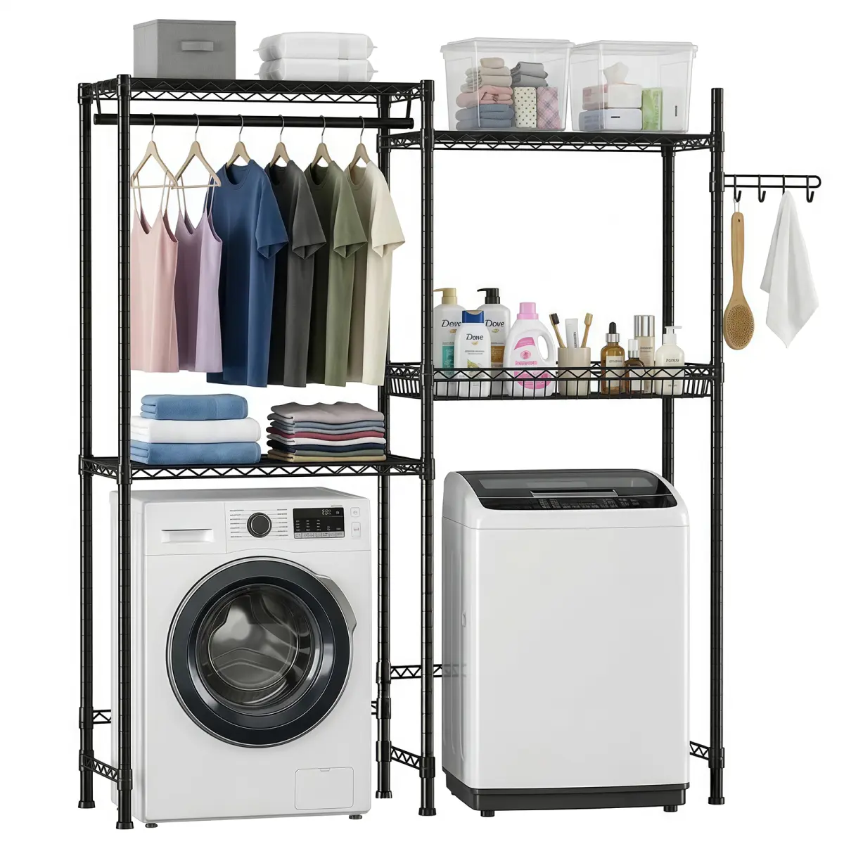 70.47 Inch Black Carbon Steel Over Washer Dryer Storage Rack, Adjustable DIY Laundry Room Organizer with Wire Shelves Hanging Rod Metal Basket Rotating Hook, Vertical Space Saving Heavy Duty Clothes Drying Shelf for Home Laundry Area