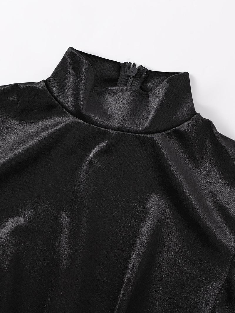 Women's Velvet Feather Patchwork Tight-Fitting Round Neck Long Sleeve Evening Dress, Fall Winter Fashion Party Gown