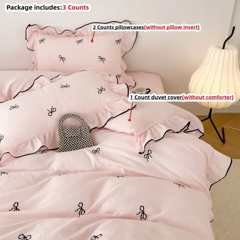 Bow Embroidery Bedding Set, 1 Count Duvet Cover & 2 Counts Pillowcases without Filler, Soft Comfortable Bedding Set for Home Bedroom Dormitory Hotel, Soft Bedding Sets, Comfy Bedding Set, Embroidered Bed Set