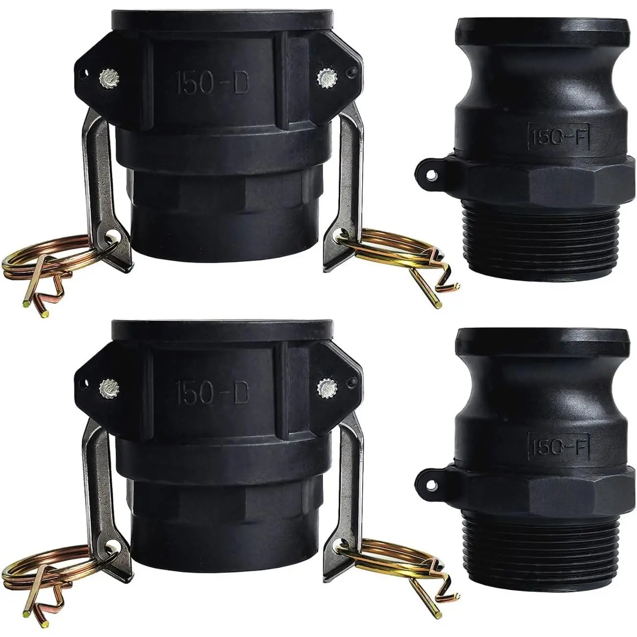 1-1/2 Inch Camlock Fittings Type D & F Polypropylene Cam and Groove Hose Fitting Kit with 1-1/2" Female & Male Camlock x 1-1/2" NPT Female & Male, Cam and Groove Hose Couplings (2 Sets/ 4 Pcs)