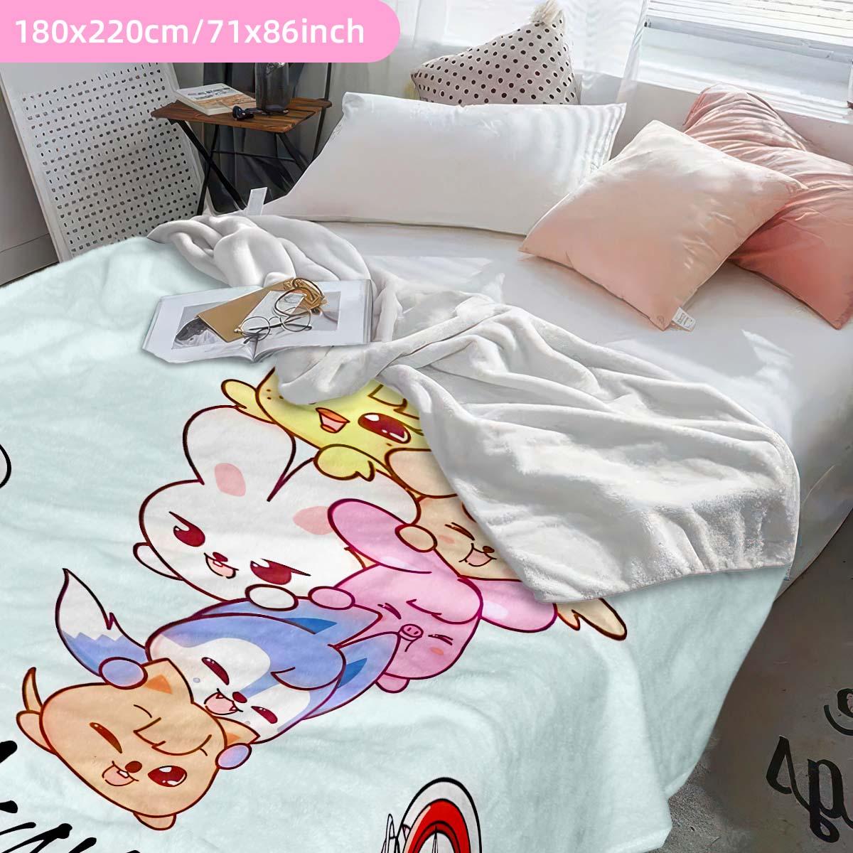 Stray Kids Flannel Blanket, Cute Animal Print, Support Light Element, Soft Healing Throw, Perfect for Fan Bedroom, Sofa, Collectible Gift