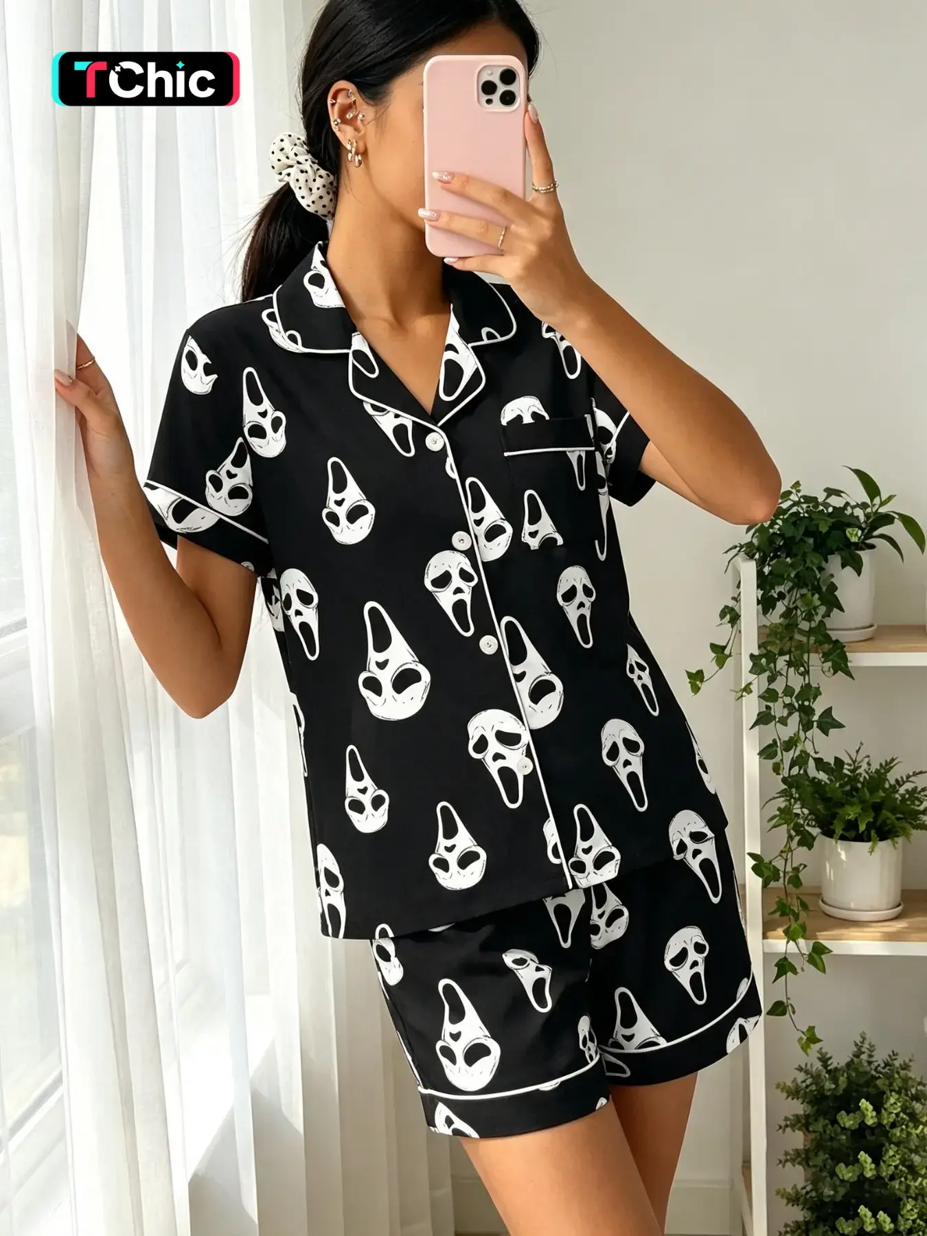 Women's Short Sleeve Pajama Set, Halloween Skull Theme, Casual Fitted Sleepwear, All Seasons, 2-Piece Home