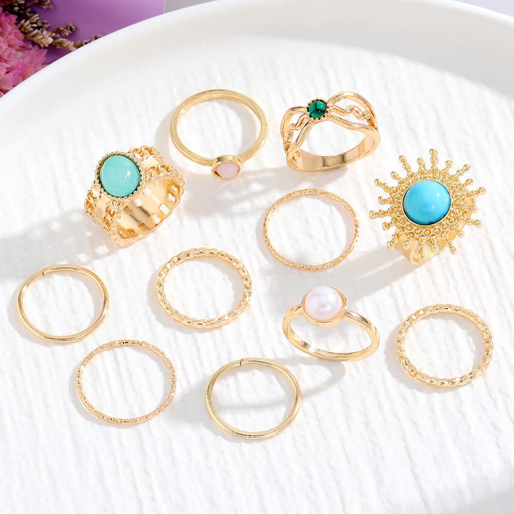 2026 Bulk Vintage Gold Rings Set for Women Y2K Boho Turquoise Black Stone Finger Ring Pack Stackable Jewelry Gift Summer Vacation Wholesale Mix