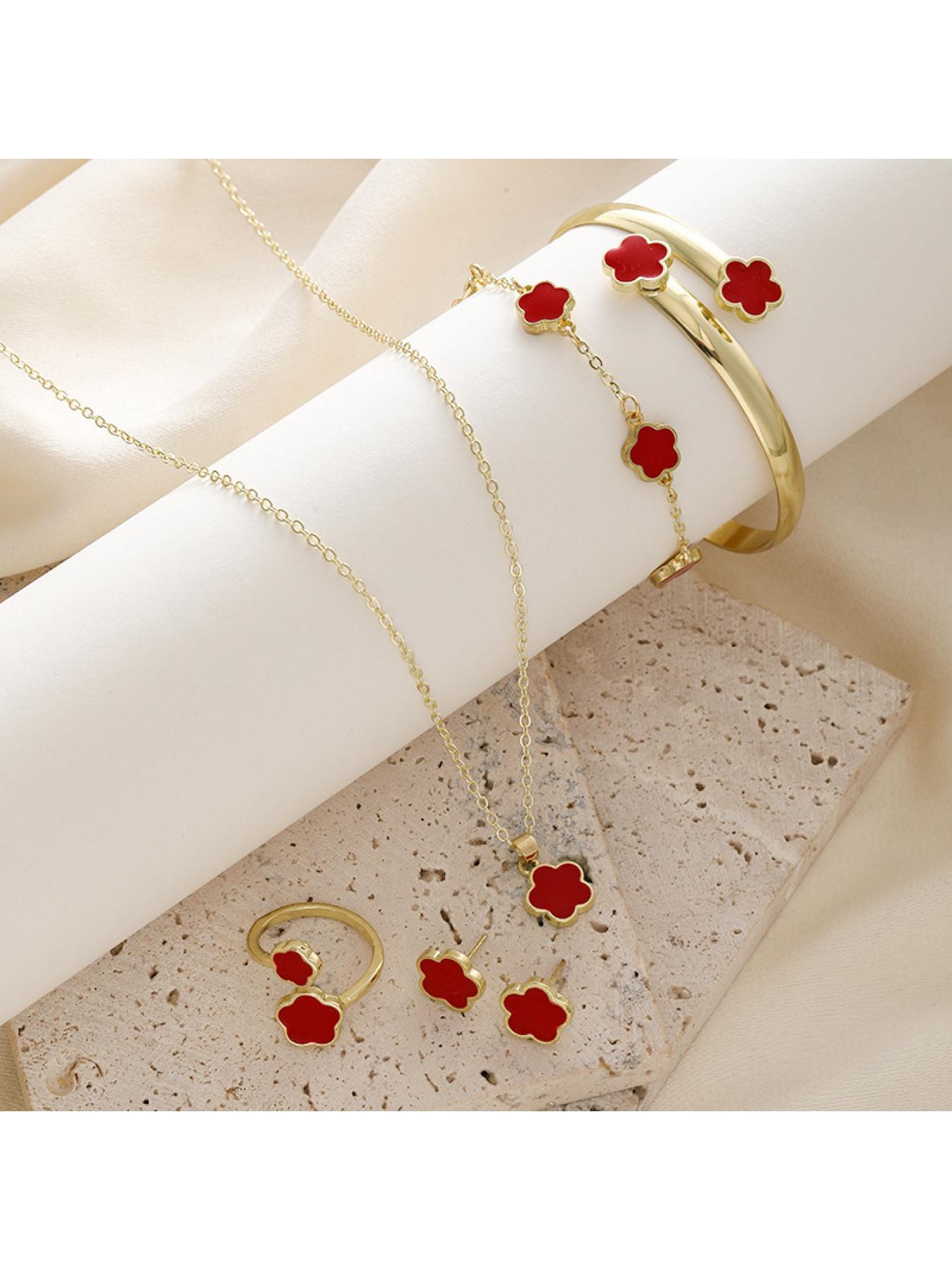 Flower Design (5-piece set), 2025 Summer Clothing Women's Solid Color Bracelet Necklace Bracelet Ring Bracelet, Party, Daily Clothing Decoration, Birthday Gift Jewelry, Party Preparation Bracelet, Fashion Bracelet