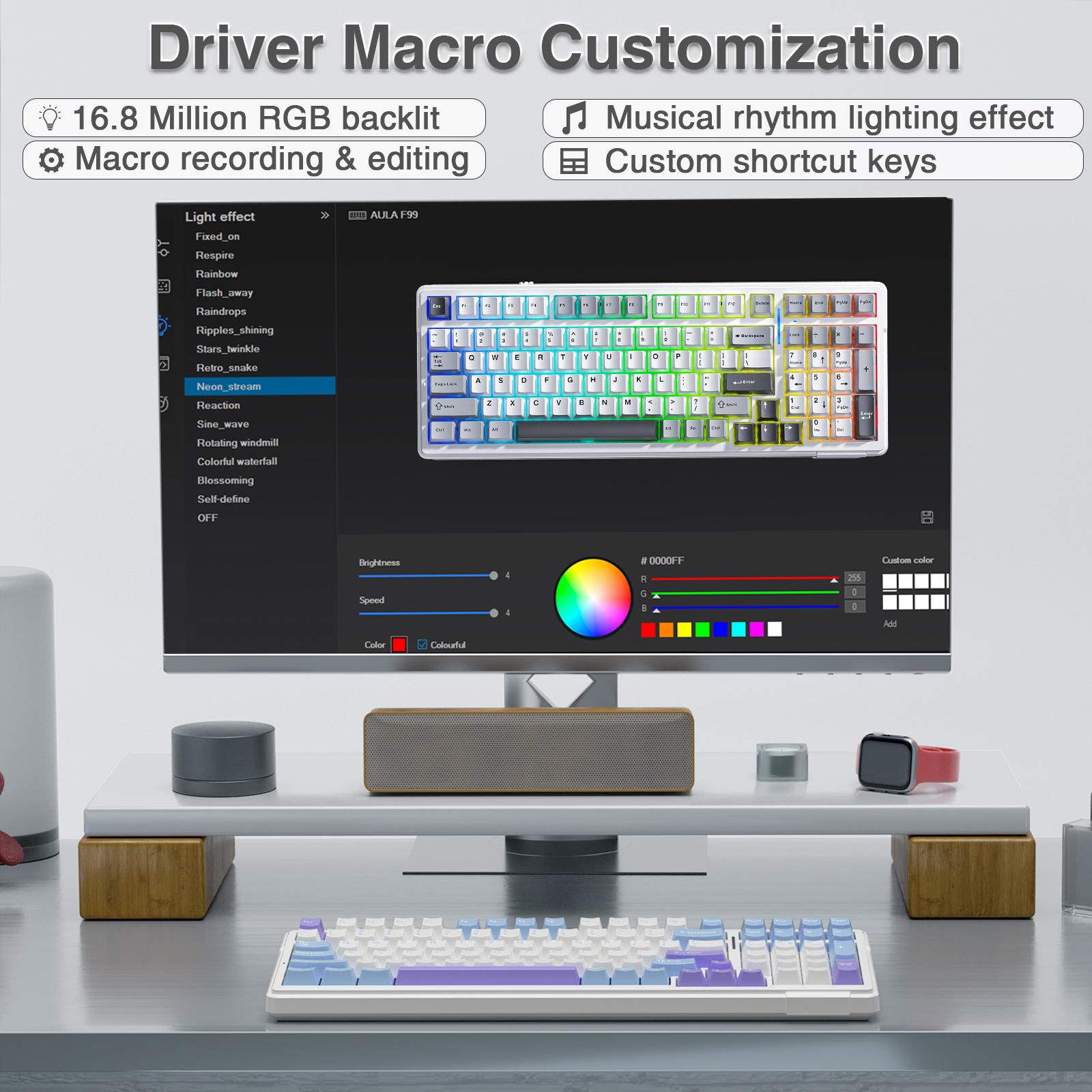 AULA F99 Wireless Mechanical Gaming Custom Keyboard, Numpad Tri-Mode BT5.0/2.4GHz/USB-C Gasket Hot Swappable, Pre-lubed Linear Switches, RGB Backlit Keyboard for Office Computer rainbow backlit Purple Creamy Budget Keyboard TikTokShopfalldealsforyou