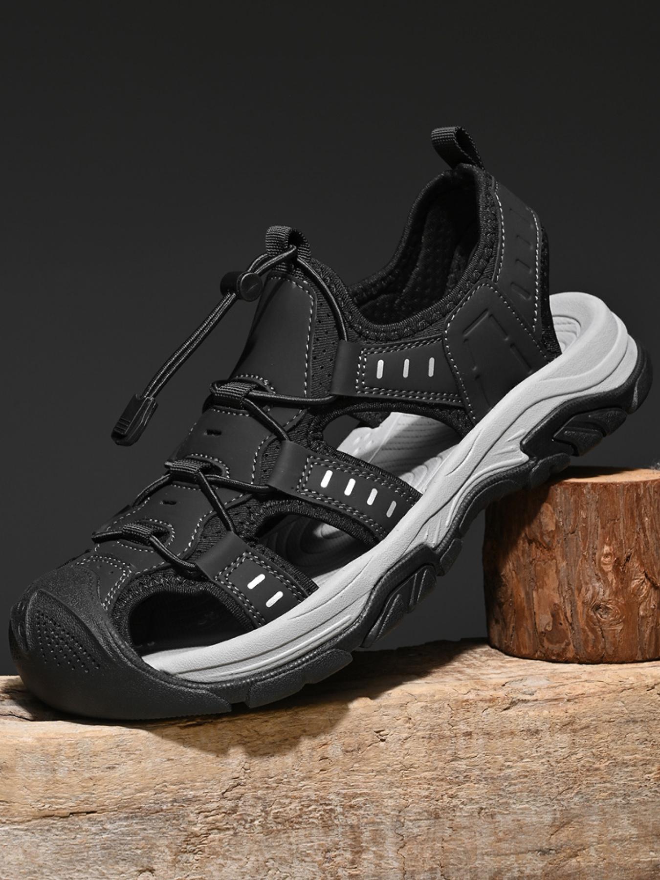 Men's Black and White Drawstring Closed-Toe Outdoor Sandals Thick-Soled Non-Slip Hollow-Out Water Shoes Breathable Durable Beach Hiking Shoes