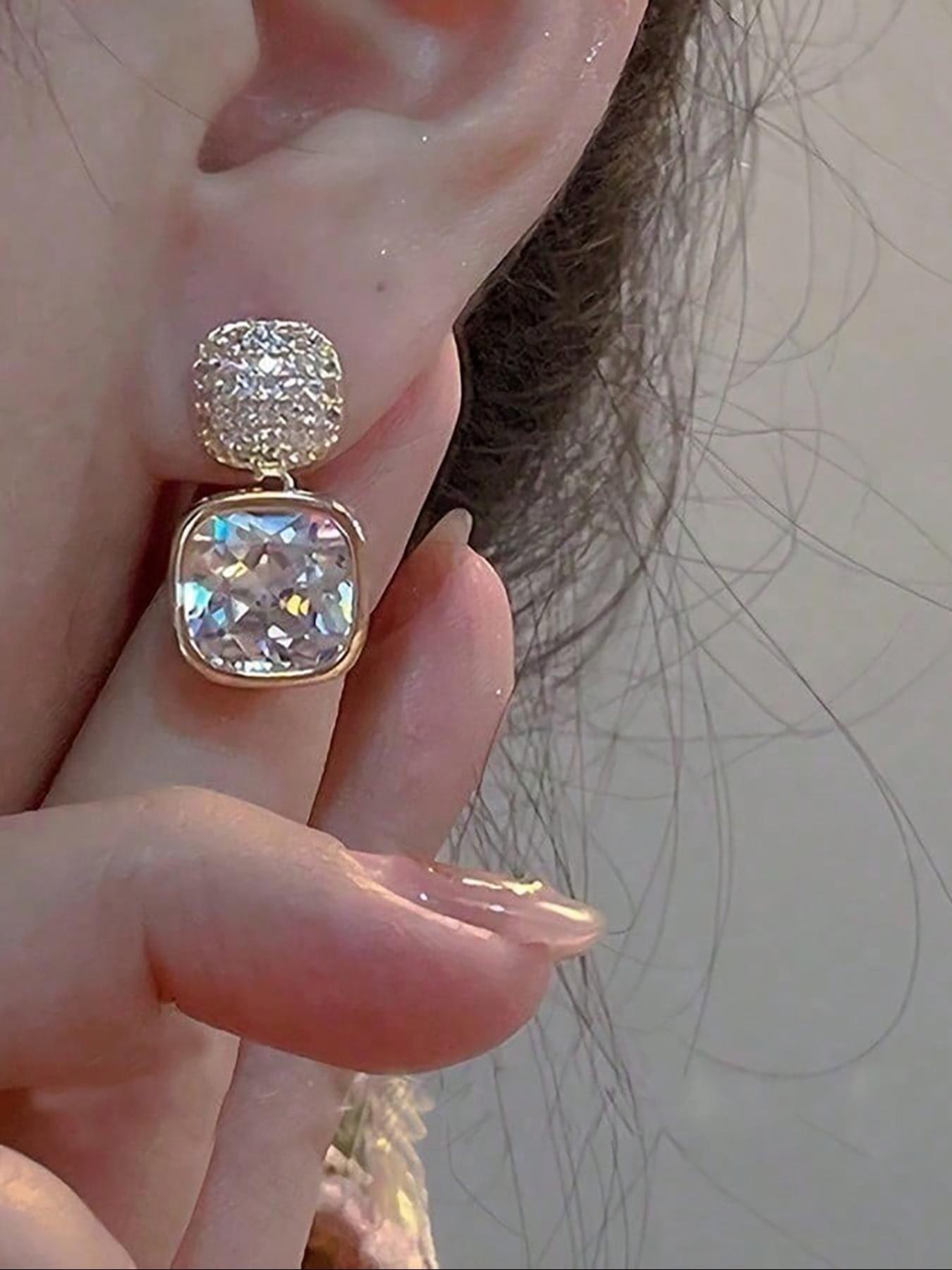 1 Pair Rhinestone Zircon Square Earrings, Unique Women's Daily Jewelry, Fashionable Studs for Everyday Wear, Elegant Accessory