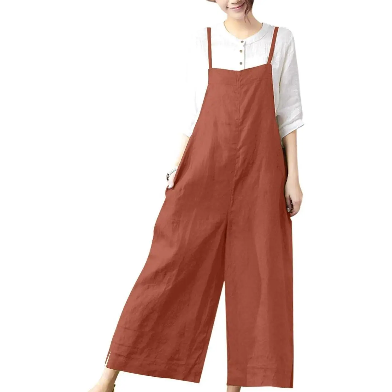Women's Casual Loose Baggy Cotton Wide Leg Long Bib Overalls Jumpsuit with PocketsGift