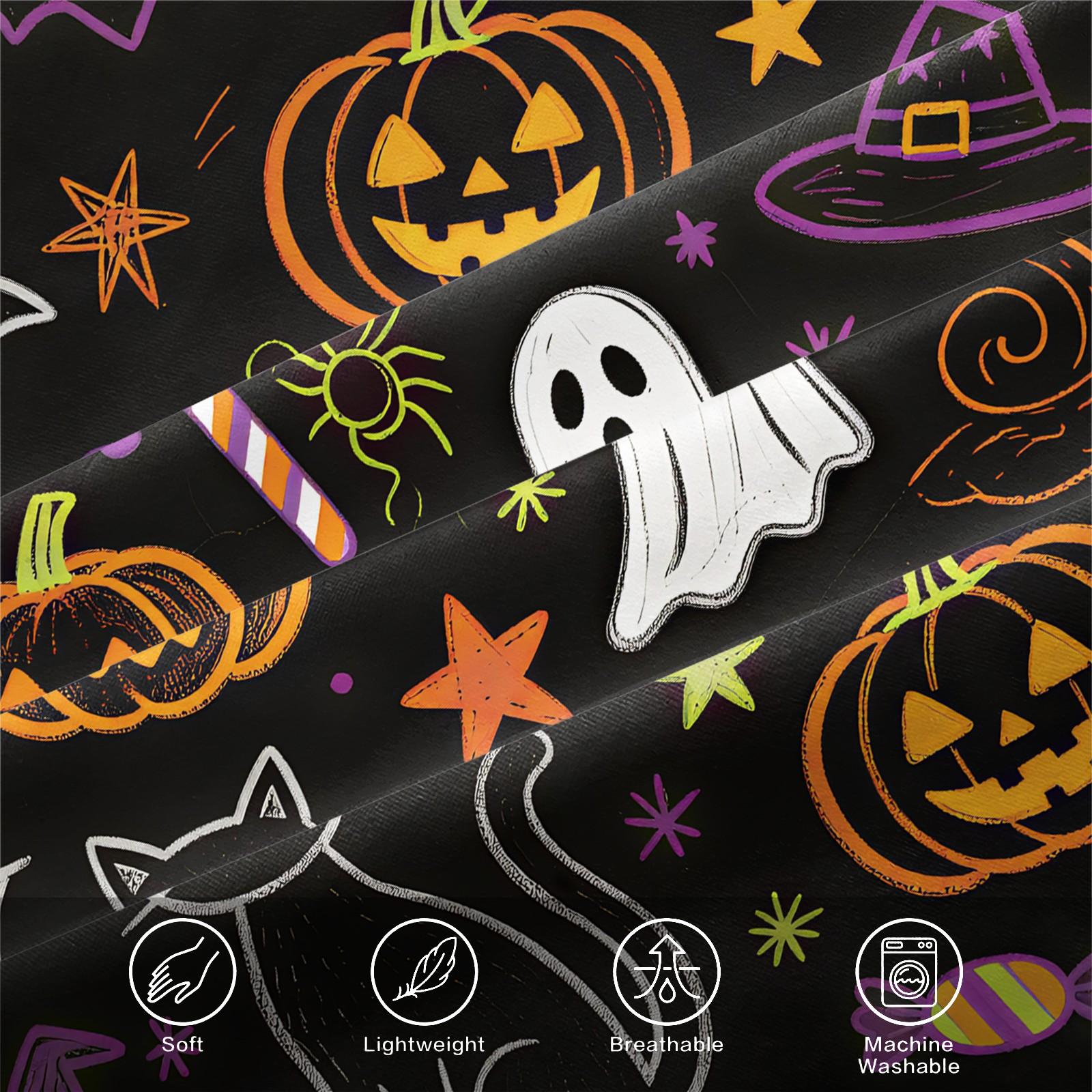 3Pcs Watercolor Halloween Pumpkin Ghost HD Digital Print Fitted Sheet Set, Washable Hypoallergenic Deep Pocket Mattress Cover For Edgy Girls All Season Dark Style Bedroom Decor, Polyester Bedding Set, Bed Sets Supplies