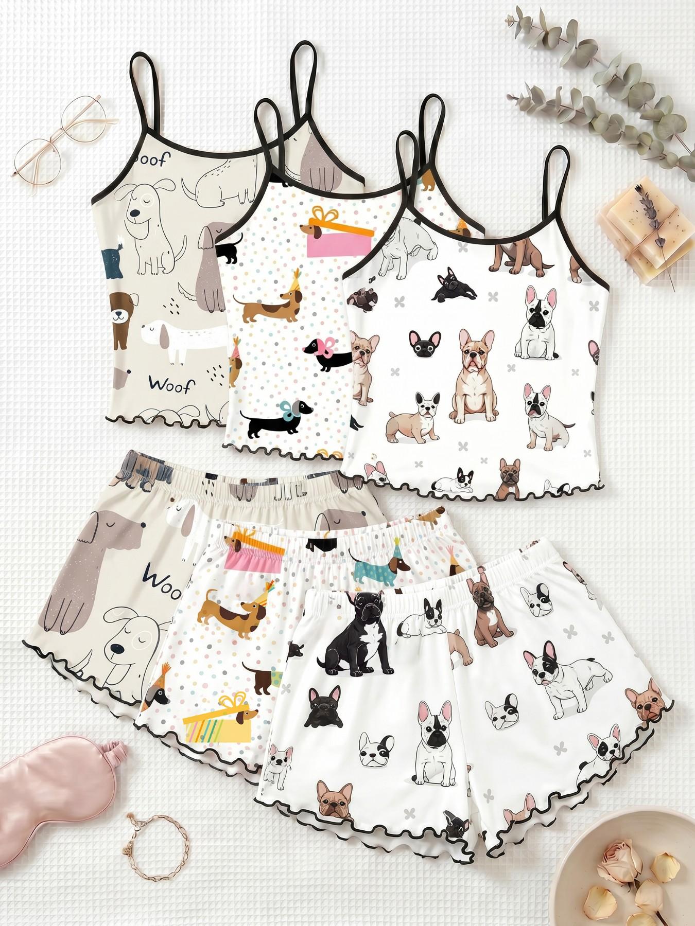 Cherry Print Halter Short Pajamas Set, Trim Ruffle Design, Sweet Cool Girl Style, Breathable Home Sleepwear, 3-Piece Combo