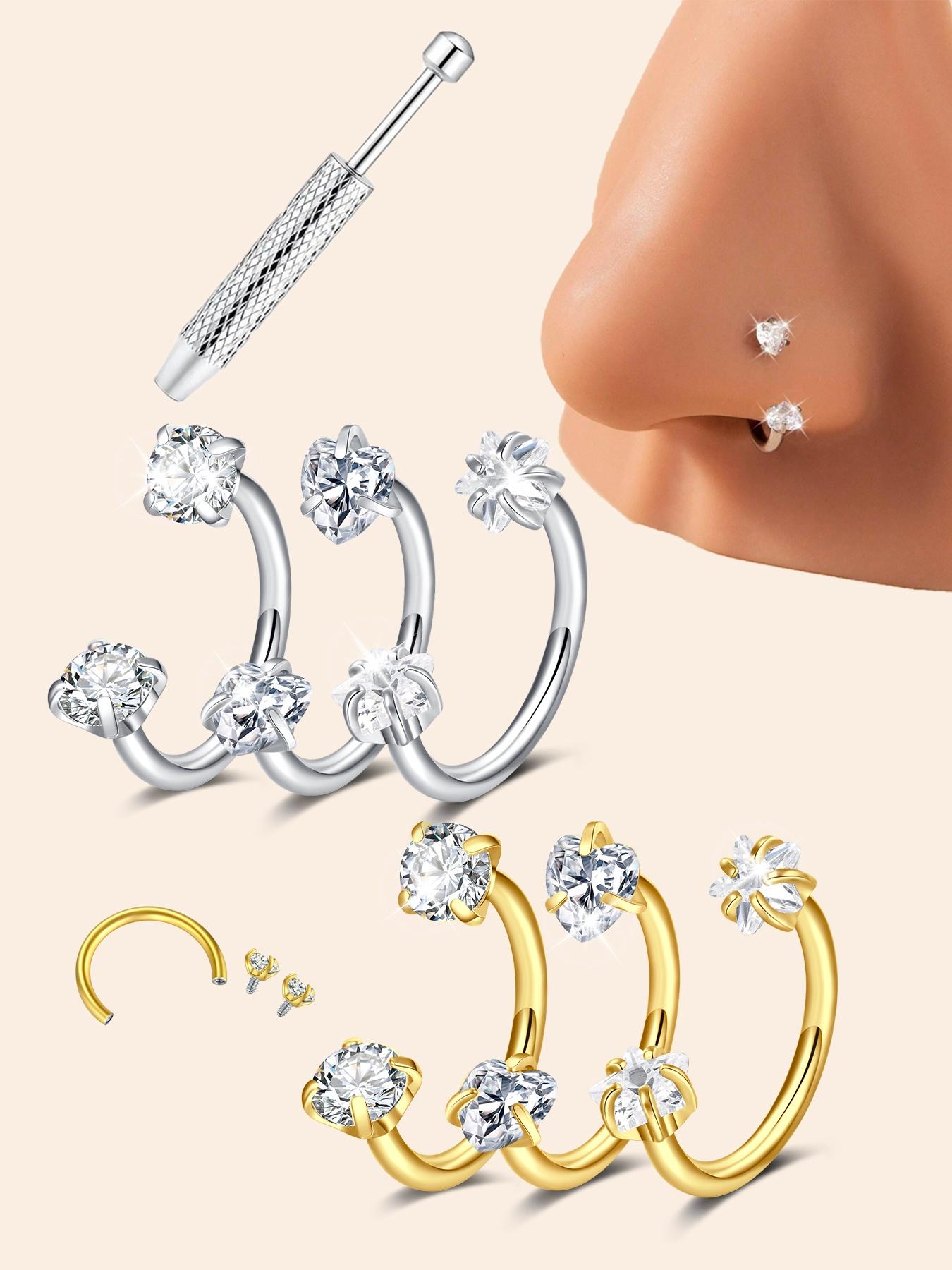 Horseshoe Nose Rings Studs, 20G/18G Internally Threaded Nose Rings For Women, 316L Surgical Steel Double Cubic Zirconia Nose Studs, Lip Eyebrow Helix Ear Piercing Jewelry