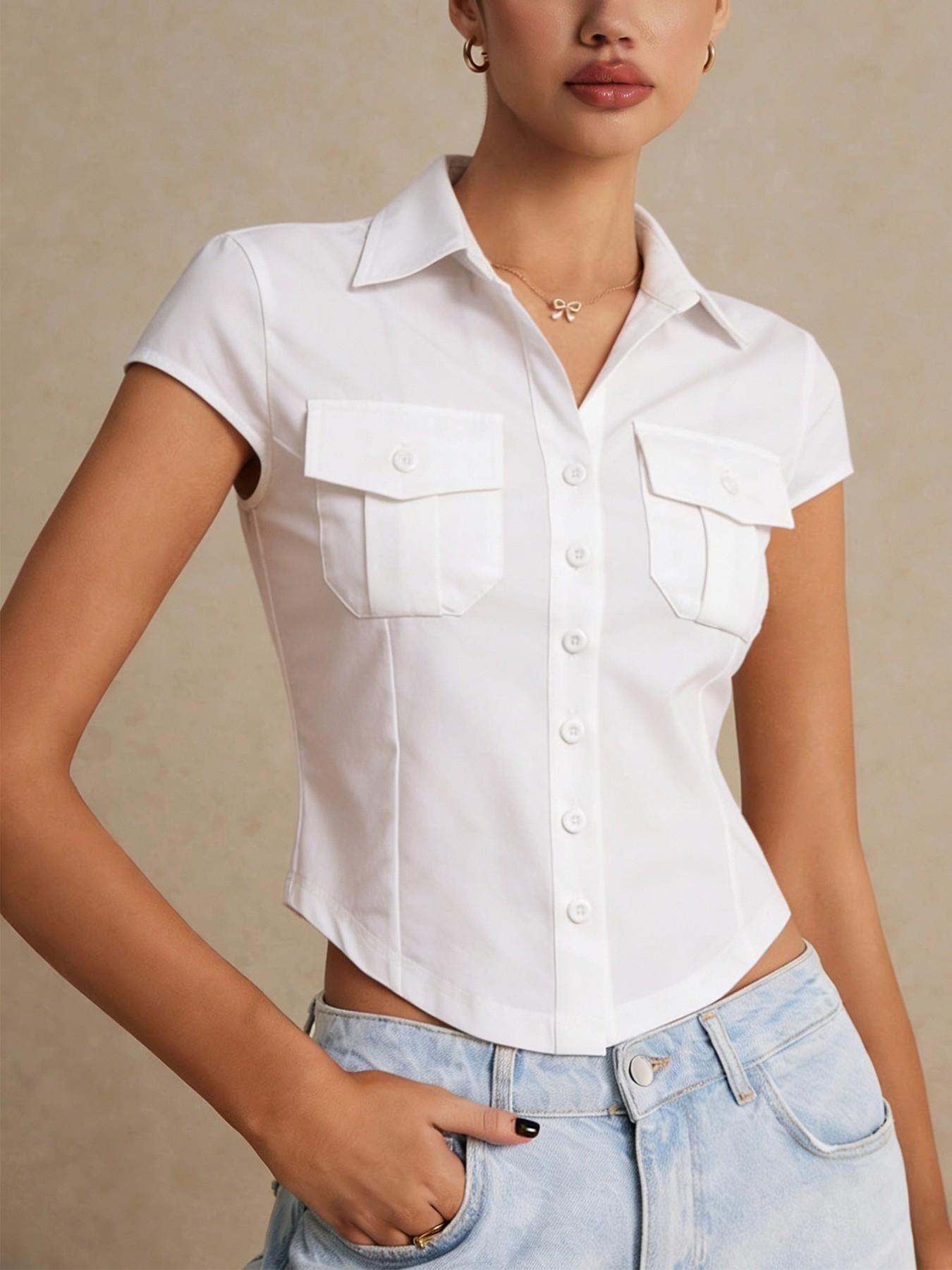 1 Pc Women's White Cropped Button Down Shirt Short Sleeve with Dual Chest Pockets Slim Fit for Casual Office Daily Wear