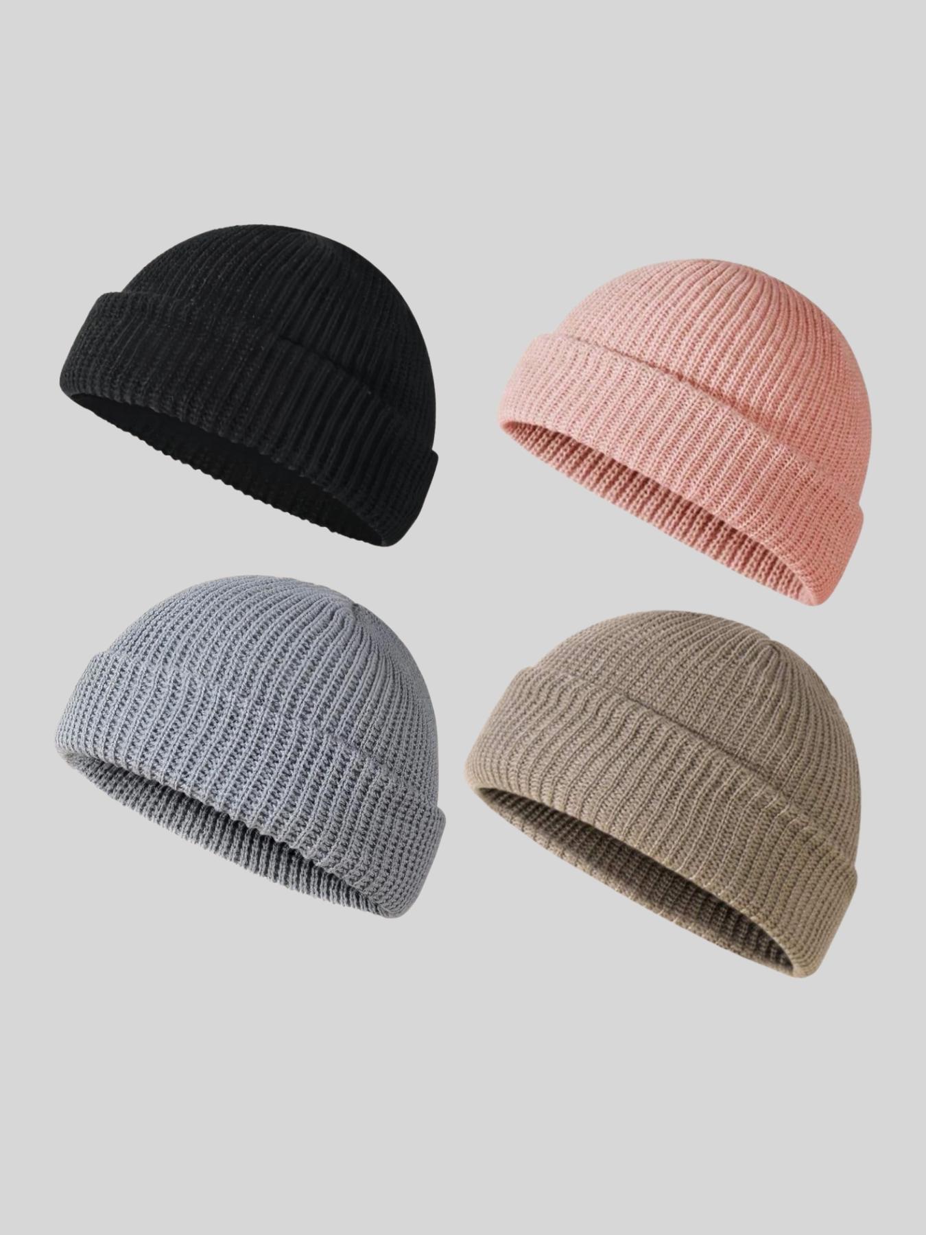 Men's Solid Color Beanie Set, Knit Style, Perfect for Fall & Winter Daily Wear, 4 Piece Pack, Casual Fashion Accessories, Knit Hats, Beanie Fitted