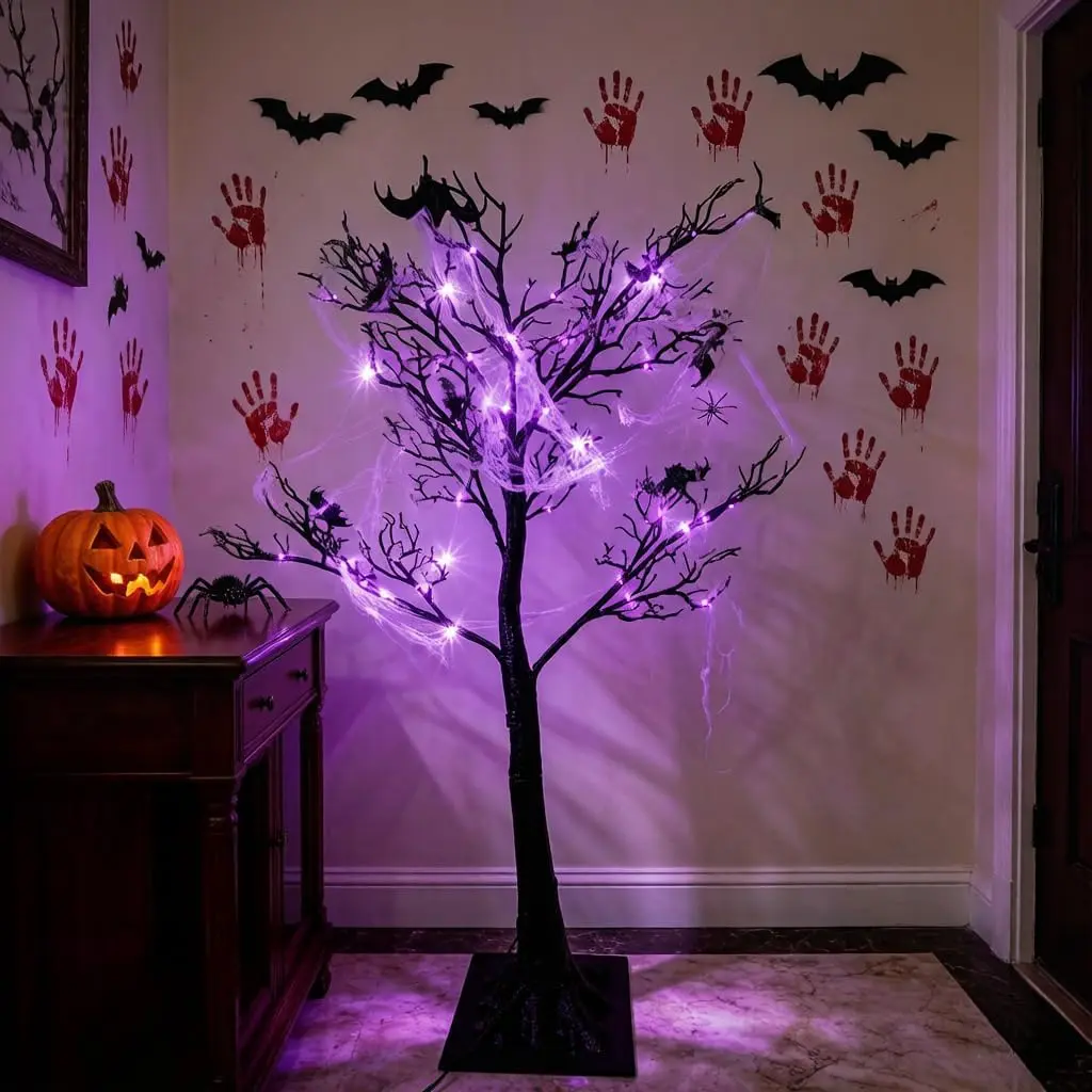 Lighted Black Halloween Tree 4ft with 150LED Orange  Lights | With Bats and Spider Web ornaments, Plug-in 10 Modes Spooky Decor for Indoor Outdoor  Party Yard Garden