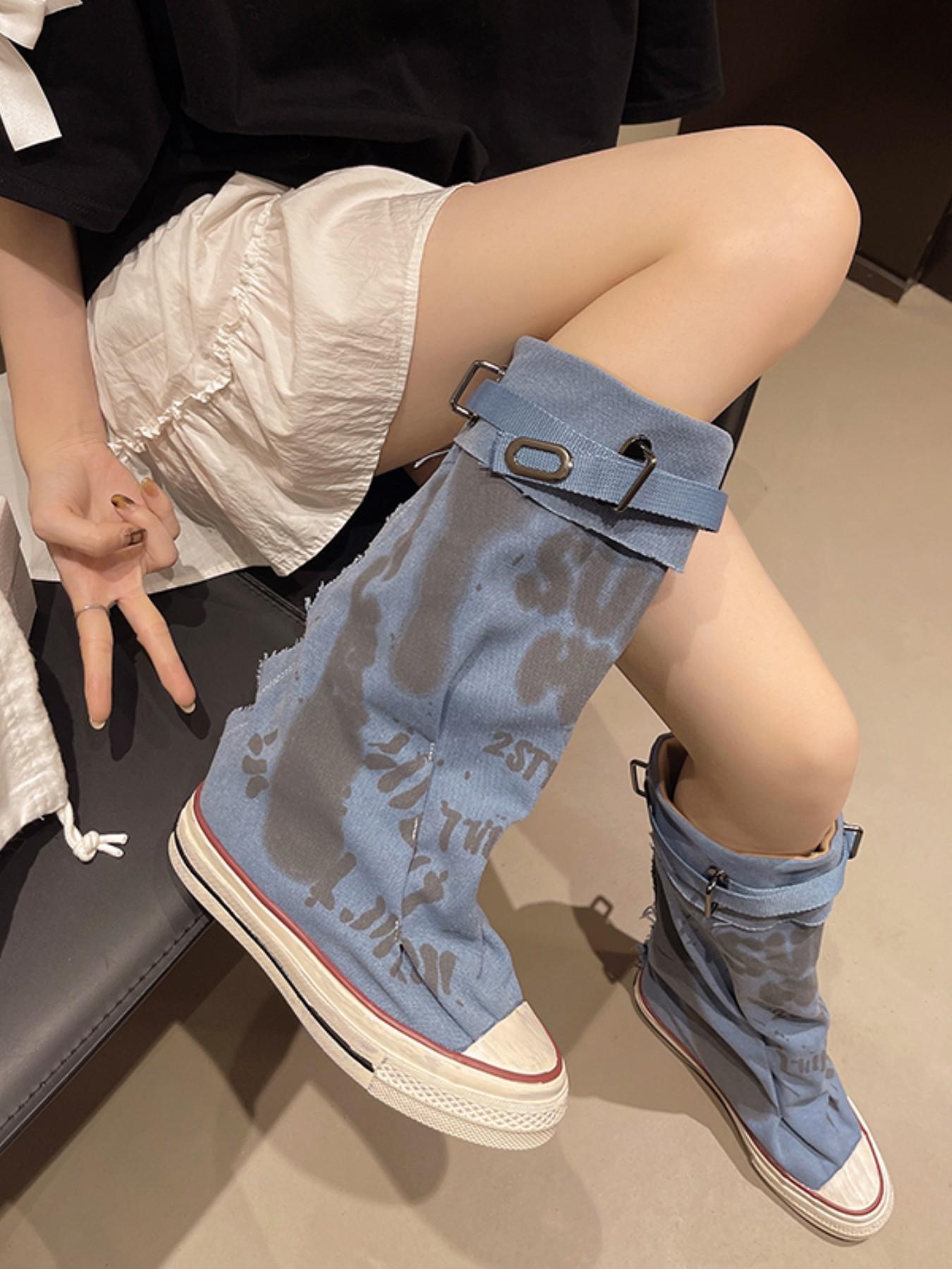 New Women's Graffiti Print Canvas Mid-Calf Boots, Modern Boot, Buckle Strap, Foldable Stackable, Fashionable Above Ankle but Below Knee Boots