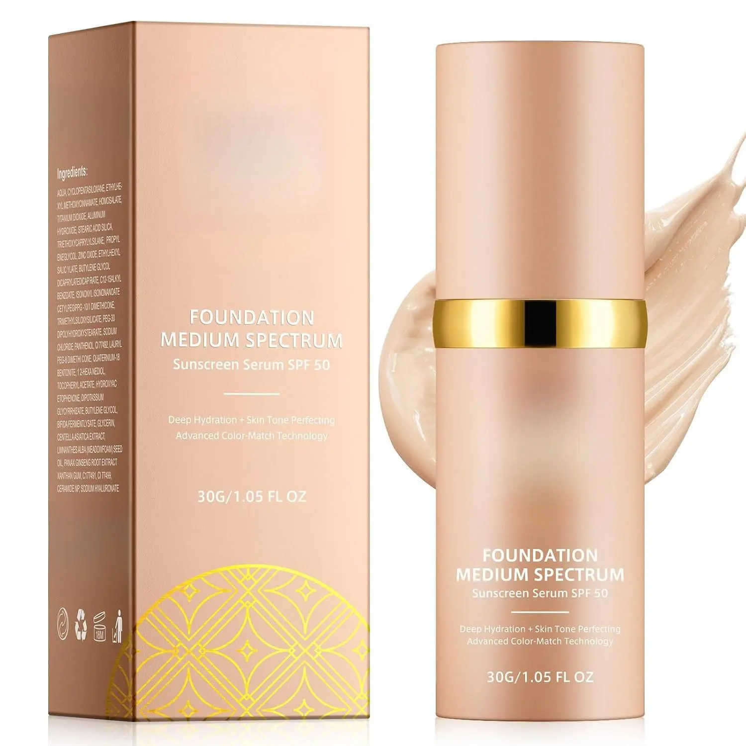 4 in 1 Foundation Liquid, Medium Coverage Foundation Makeup with Flawless Finish, SPF 50+ & Longwearing & Waterproof, Hydrating Color Changing Foundation Light Spectrum for Gym, Sports, Dancing