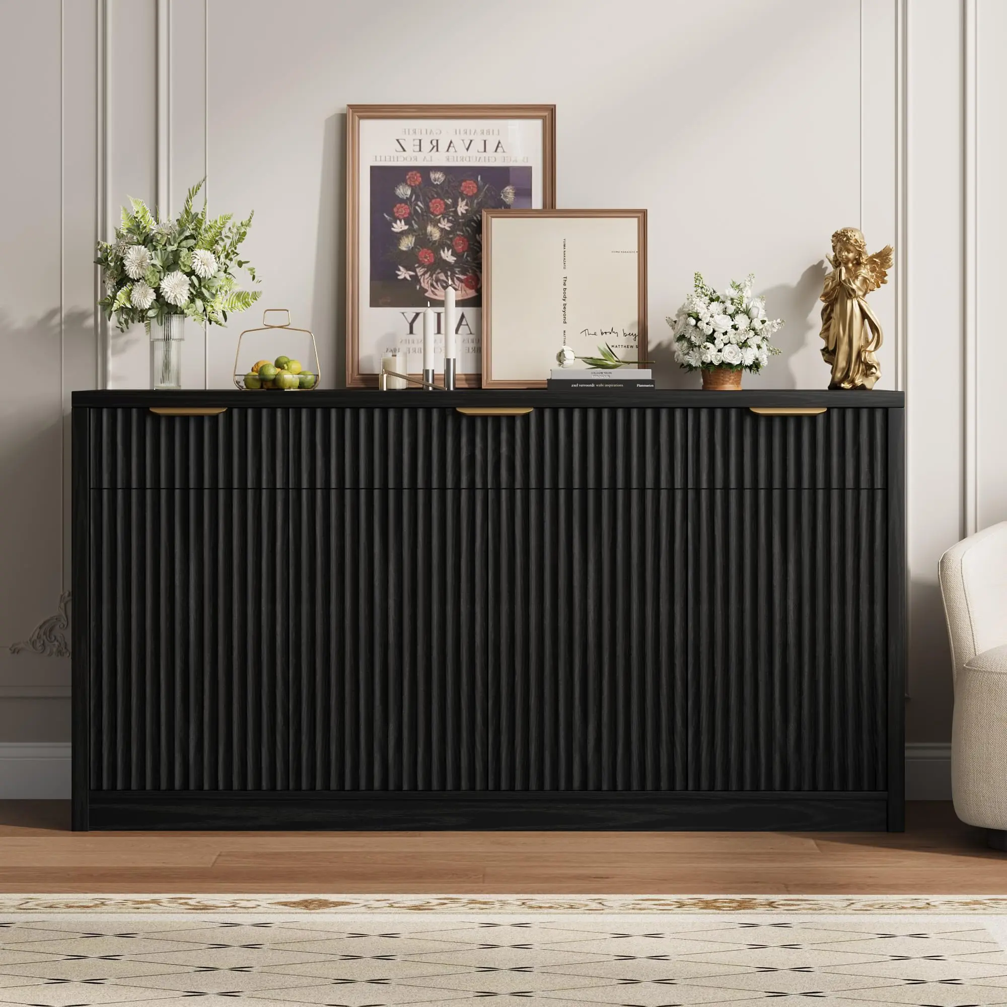 Modern Fluted Buffet Sideboard Cabinet, 55.1 in Credenza with Storage - Doors & Adjustable Shelves - Kitchen/Dining Room Coffee Bar Console