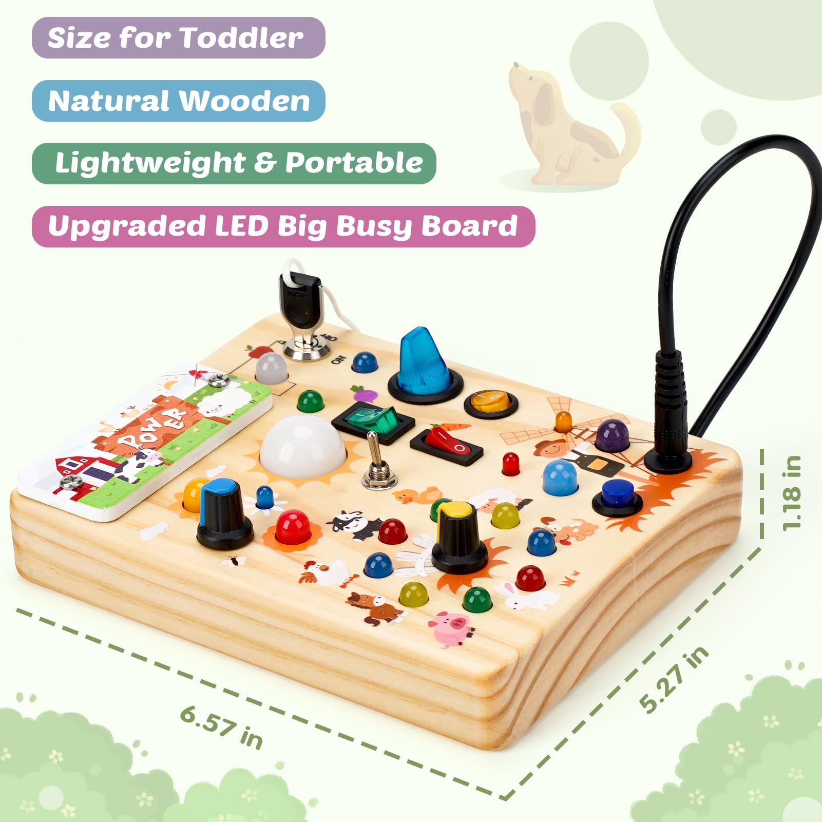 Joyreal Montessori Sensory Toys, Square-Shaped Wooden Busy Board with LED Light Up Switches,  Portable Learning Kids Toys,Christmas Gifts Ideas