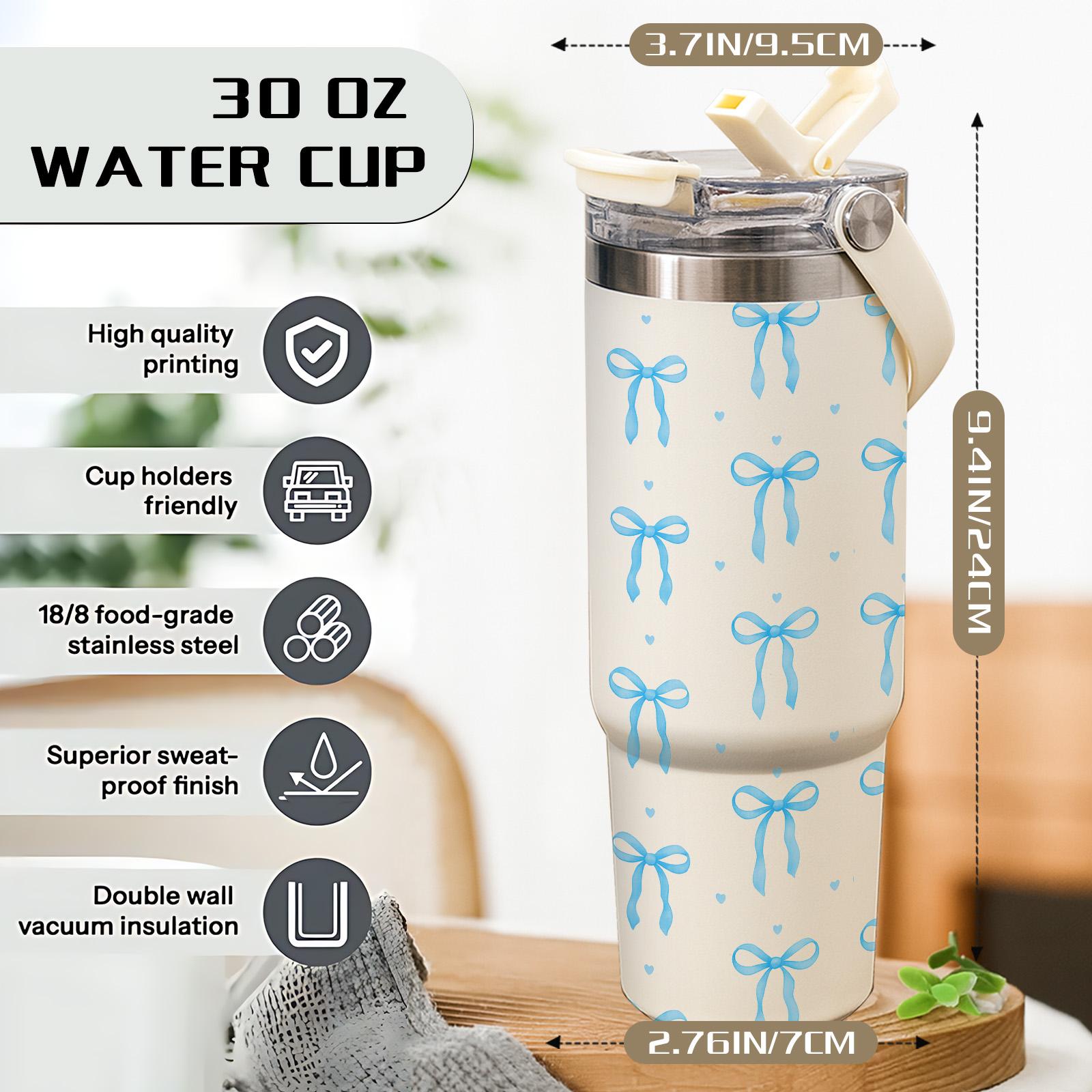1 Pc 30oz insulated mug with handle and straw, Tumbler, cream white with blue bow design, double wall vacuum cup, leak-proof skinny thermal mug, keeps hot 12 hours and cold 24 hours, perfect for coffee tea smoothies cocktails, holiday gift