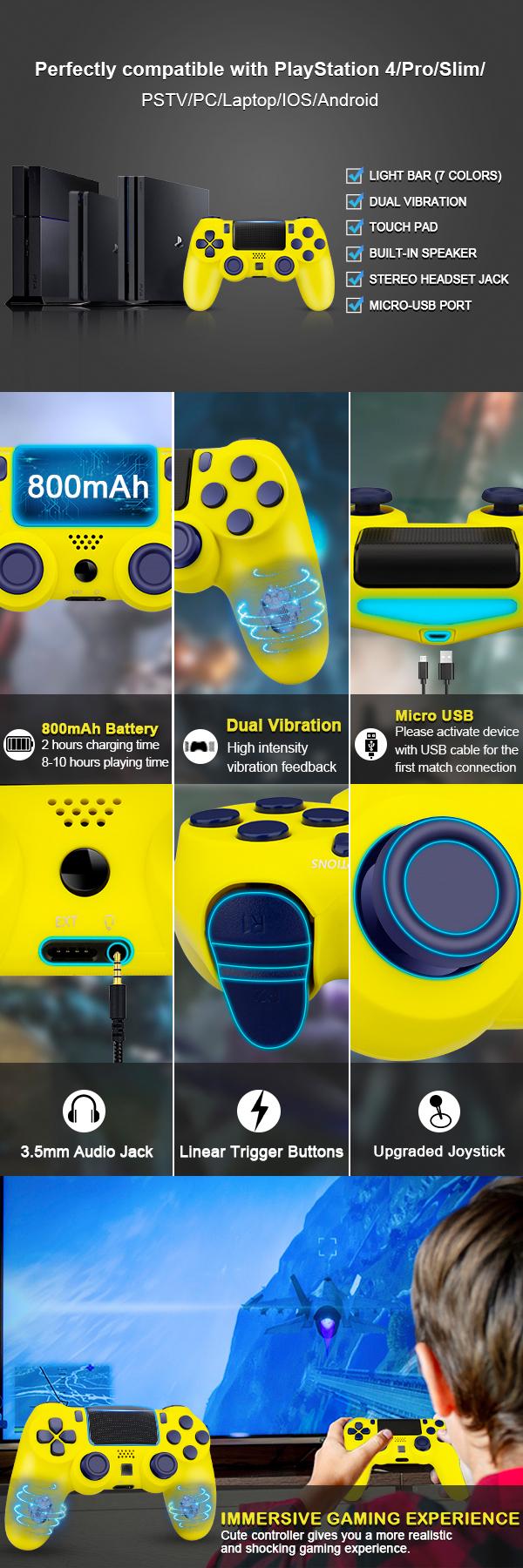 Wireless Controller Compatible with PlayStation 4, PC Controller with Vibration Feedback/Motion Sensing/Touchpad/Light Bar/3.5mm Headphone Jack