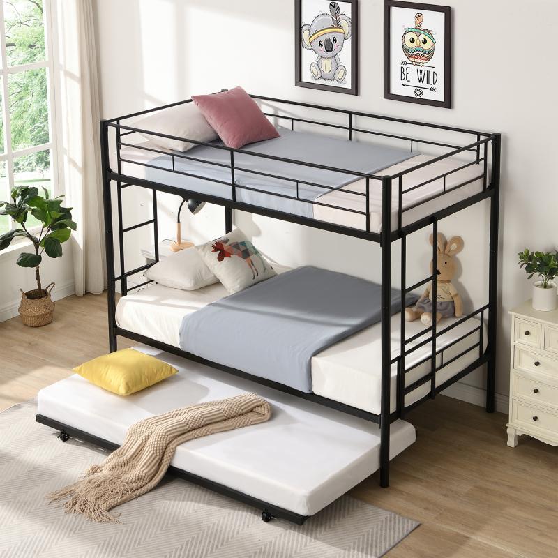 [Bellemave]Over Twin Bunk Bed Frame with Trundle,Metal Bunkbed with Sturdy Guard Rail and 2 sideLadders Adults,Can be Divided Into Two Beds, No Box Spring Needed, Noise Free for Dorm,Black