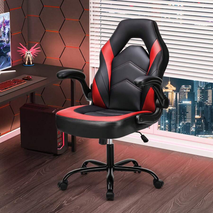 High Back Big & Tall Gaming Chair, Premium Leather Computer Desk Chair, Swivel Adjustable Task Chair With Flip-Up Arms For Adult Work & Gaming