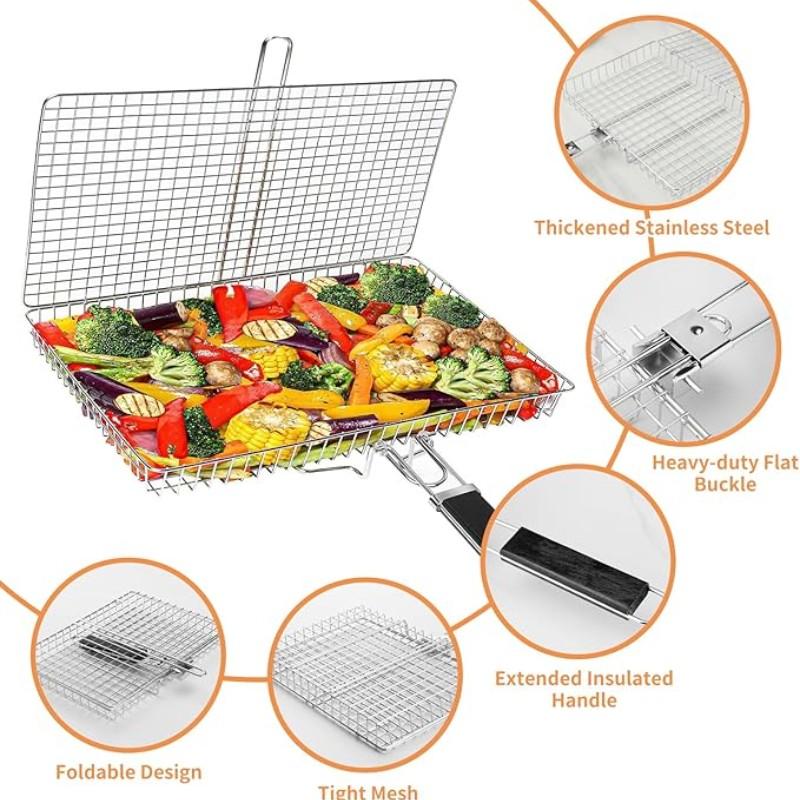 BBQ Stainless Steel Folding Handle Grill Tongue, Outdoor Multi-Functional Grill Net, Fish Meat Vegetable Rack, BBQ Tools