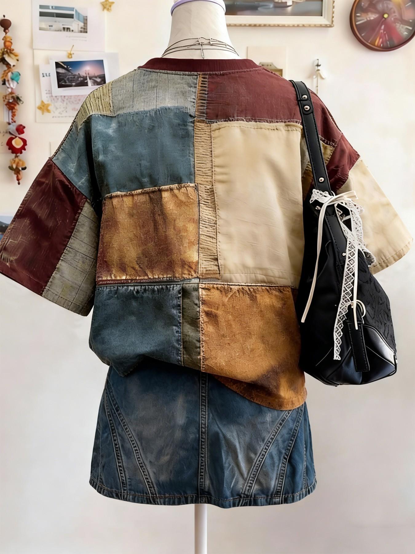 Vintage Patchwork T-Shirt, Bright Colors, Comfortable Wear, Jesus Cross Faith Pattern, Round Neck, Casual Daily Wear