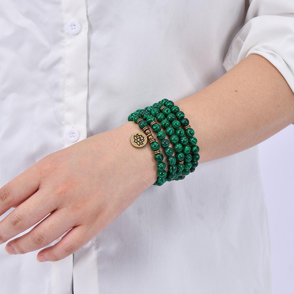 Genuine Stone 8mm Green Malachite 108 Mala Beads Money Attraction Bracelet - Unisex Long Beads Wrap Bracelet with Lotus Buddha Charm - Daily Wear Yoga Meditation Jewelry Ideal Gift